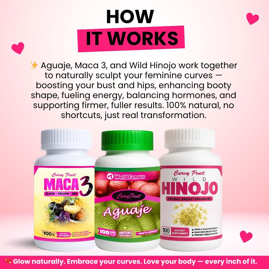Bigger Bum, Bust & Hips – Aguaje + Maca 3 + Wild Hinojo Capsules – Natural Curve Shaping Supplement – 3 Bottles / One Month Supply - görsel 8