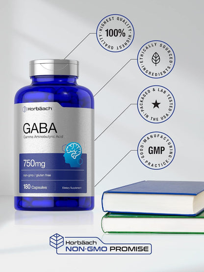 Horbäach GABA 750mg | 180 Capsules | Gamma-Aminobutyric Acid Food Supplement