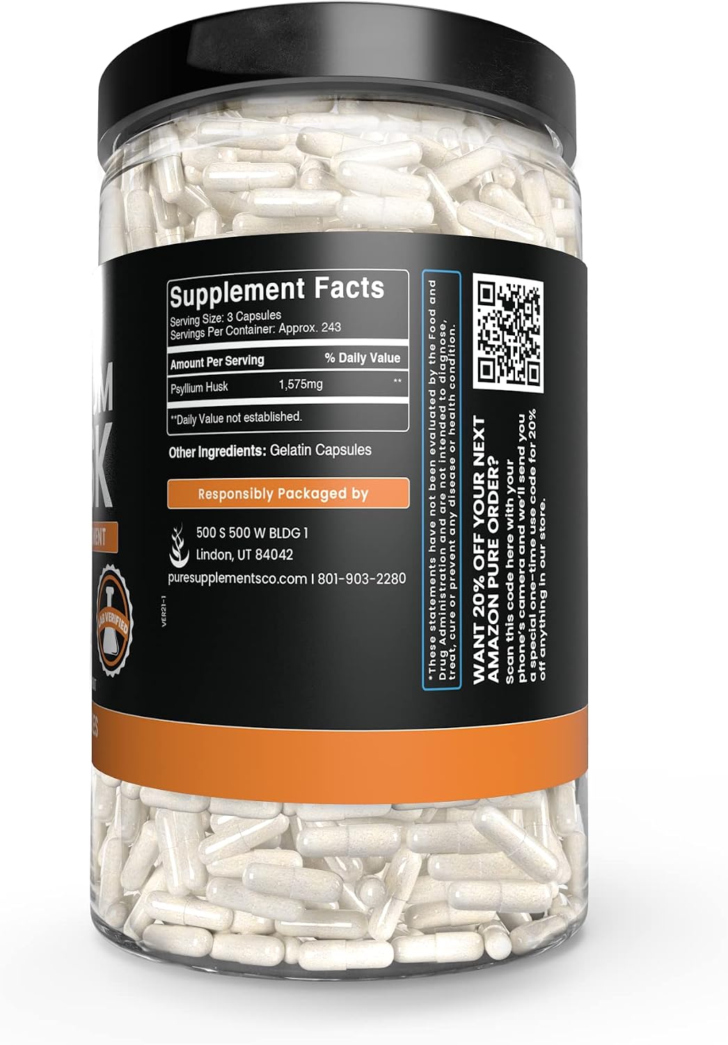 PURE ORIGINAL INGREDIENTS Psyllium Husk (730 Capsules) No Magnesium Or Rice Fillers, Always Pure, Lab Verified - görsel 4