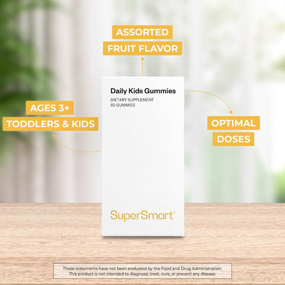 Supersmart Sugar-Free Kids Multivitamin Gummies – Assorted Fruit Flavours with Omega-3, Vitamin D3, and 16 Nutrients (60 Gummies)