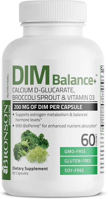 Bronson DIM Balance+ - Food Supplement with DIM, Calcium D-Glucarate, Broccoli Sprout & Vitamin D3 (60 Vegetarian Capsules)