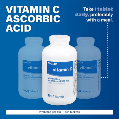 Major Vitamin C 500 mg Ascorbic Acid Tablets, 1000 Tablets