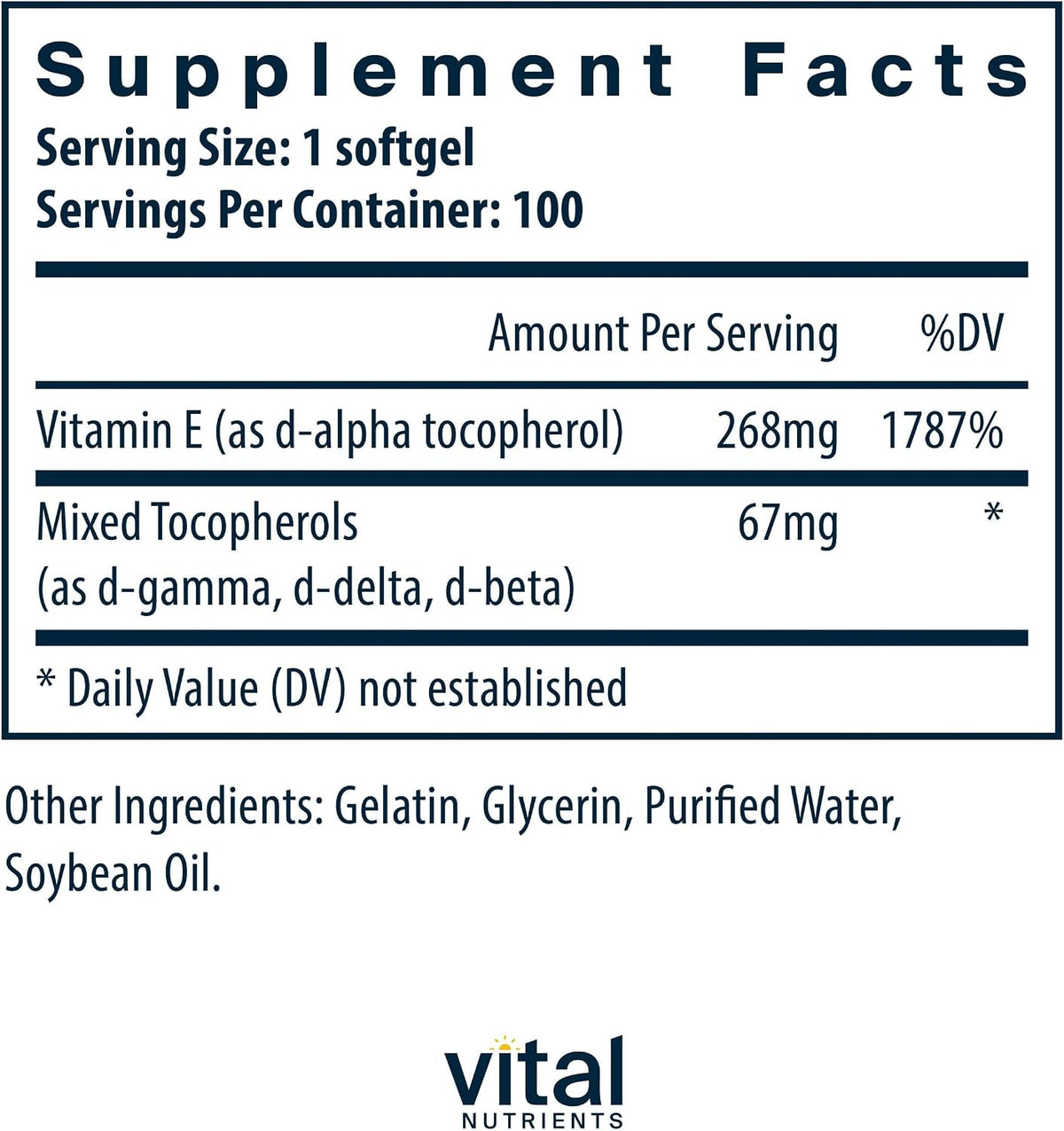 Vital Nutrients Vitamin E with Mixed Tocopherols - 400 IU, 100 Softgels - görsel 2