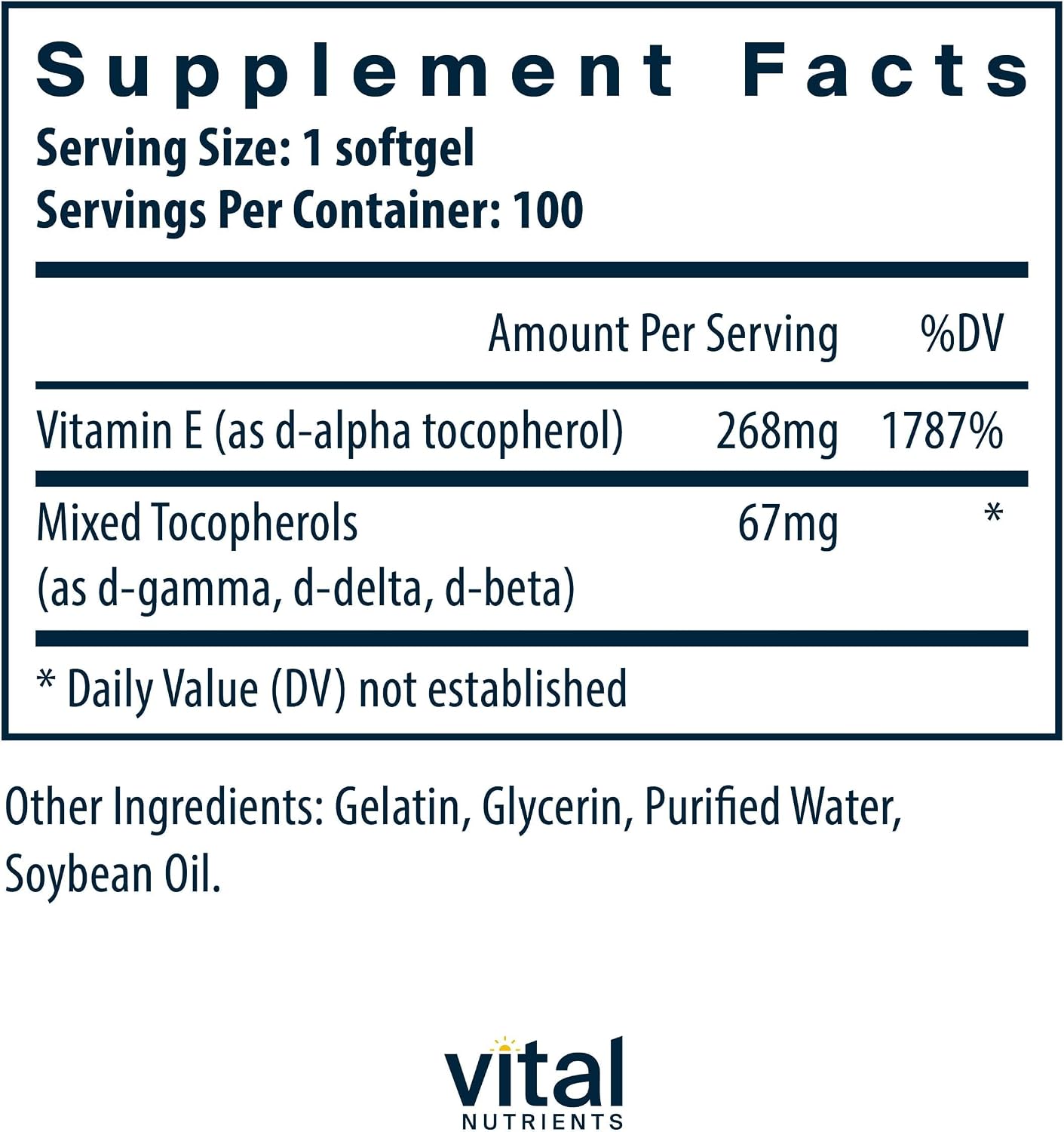 Vital Nutrients Vitamin E with Mixed Tocopherols - 400 IU, 100 Softgels - görsel 2
