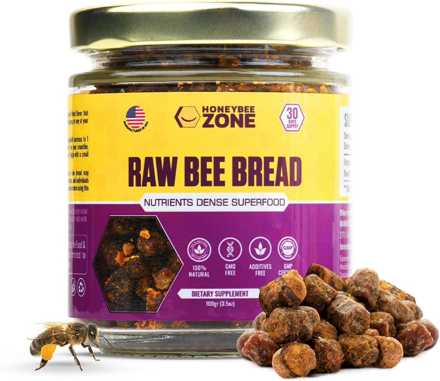 HONEYBEEZONE Raw Bee Bread – Perga – Fermented Bee Pollen Superfood, Single Ingredient, Non-GM, Gluten-free, 100g - görsel 1