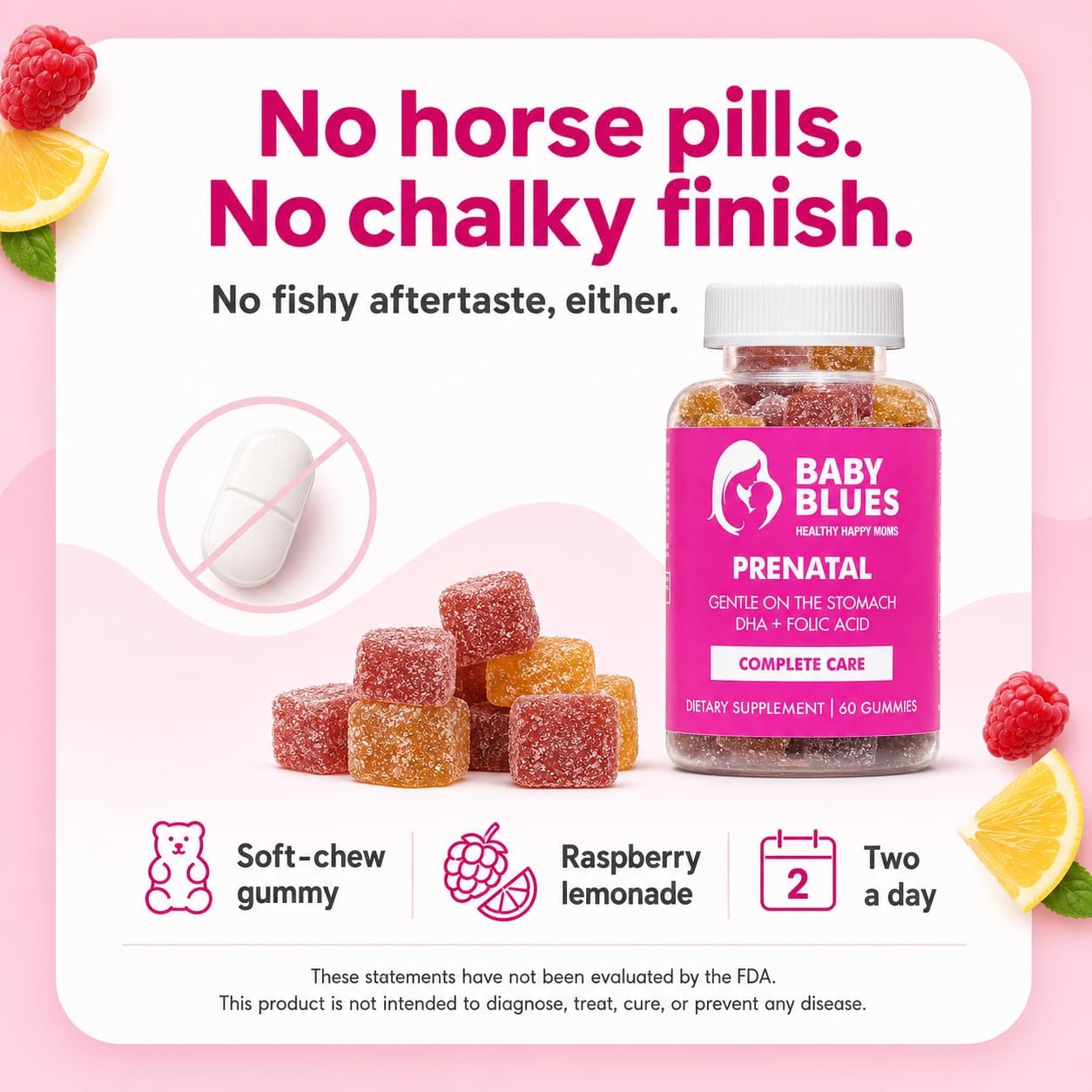 Baby Blues Prenatal Gummies for Women, Prenatal Multivitamin with DHA and Folic Acid, Iron Free, Gentle on Stomach, No Fishy Aftertaste, Raspberry Lemonade, 60 Count - görsel 10