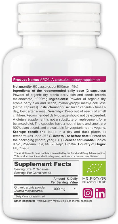 Organic Aronia Berry Capsules – Black Chokeberry Supplement – 500mg, 90 Vegan Capsules