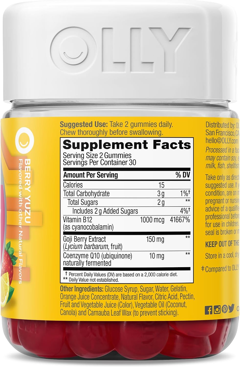 OLLY Extra Strength Daily Energy Gummies - Caffeine Free Cellular Energy Production, 1000 mcg Vitamin B12, CoQ10, Goji Berry, Berry Yuzu Flavoured, 60 Count (30 Day Supply) - görsel 6
