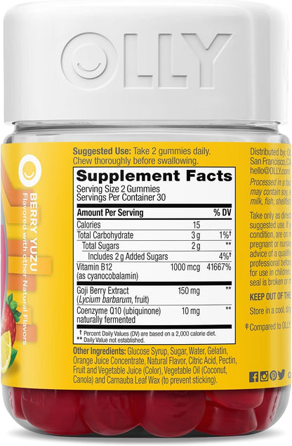 OLLY Extra Strength Daily Energy Gummies - Caffeine Free Cellular Energy Production, 1000 mcg Vitamin B12, CoQ10, Goji Berry, Berry Yuzu Flavoured, 60 Count (30 Day Supply)