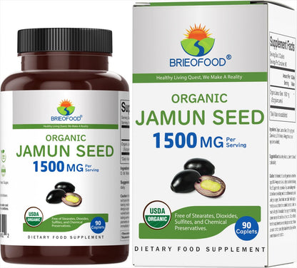 Brieofood Organic Jamun Seed 1500mg, 90 Vegetarian Tablets, Gluten-free