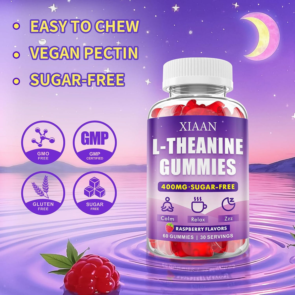 XIAAN L-Theanine Gummies for Kids & Adults, 400mg L-Theanine Supplement for Calm, Relaxation, and Sleep Support, Vegan, Organic, Raspberry Flavour, 60 Counts - görsel 6