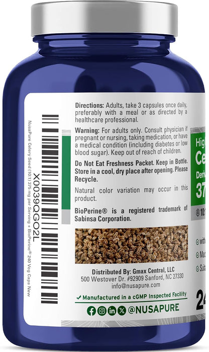 NusaPure Celery Seed Capsules, 375 mg, 240 Veg Capsules (Non-GMO, Vegan)