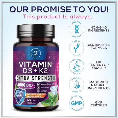 Vitamin D3 with K2 (MK-7) - 4000 IU D3 + 100 mcg K2 per Serving - 120 Soft gel capsules
