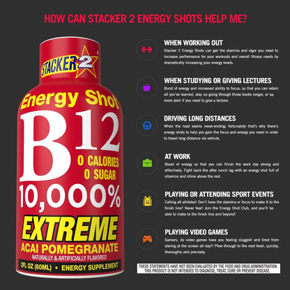 Stacker 2 Vitamin B Complex B12 B6 B3 Liquid Energy Shots - Vegan Safe Bundle Pack (60 ml, 24 Count)