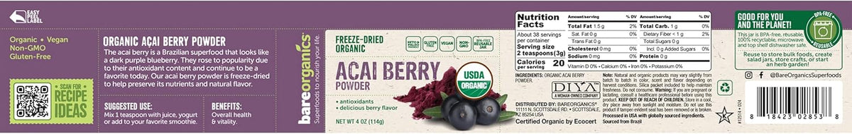 BareOrganics Acai Powder - Superfood Powder, Organic Freeze Dried Acai Berry Powder, 113 g - görsel 2