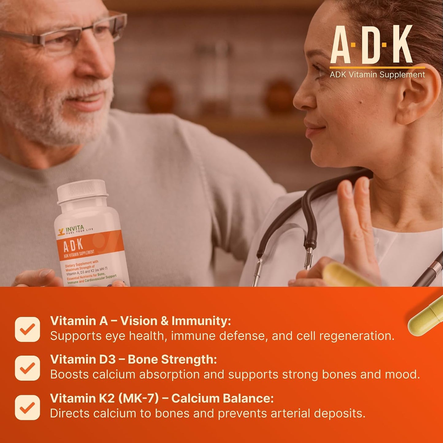 INVITA ADK Vitamin Supplement – 90 Capsules – Vitamin A, D3 5000 IU & K2-MK7 - görsel 4