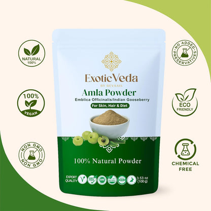 Exotic Veda Amla Powder - 100% Pure Indian Gooseberry, Ayurvedic Supplement, Non-GMO, 100g