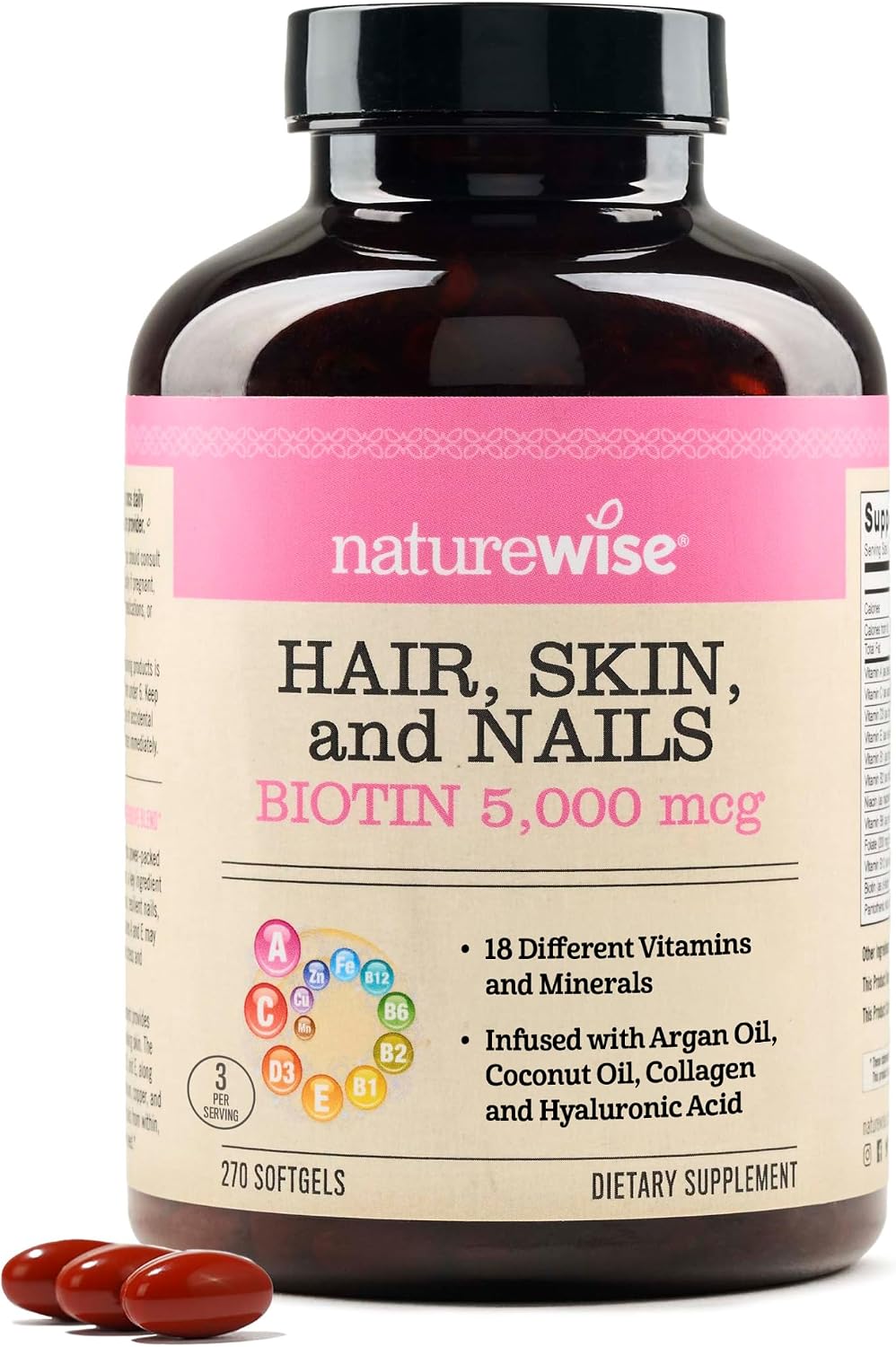 NatureWise Hair, Skin and Nails Supplement – Biotin 5000mcg with Hyaluronic Acid and Collagen – 270 Softgels - görsel 1