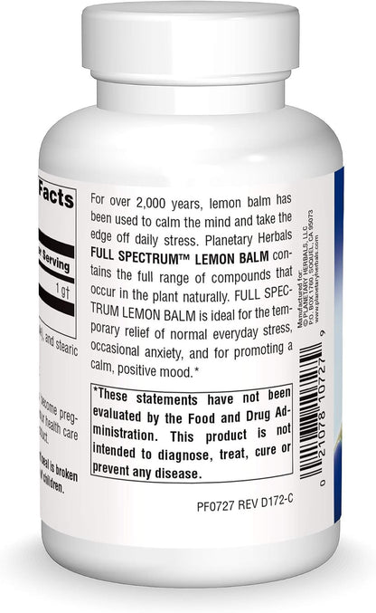 Planetary Herbals Lemon Balm Full Spectrum 500mg, Natural Calm and Rest, 120 Capsules | Natural Support for Calm and Restfulness