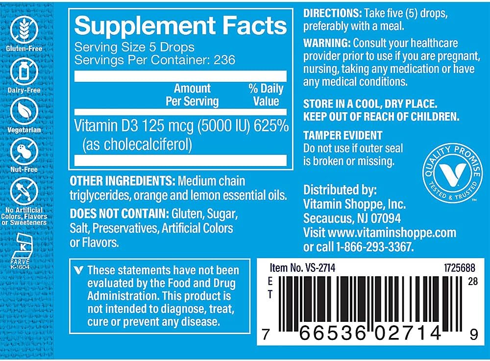 The Vitamin Shoppe Vitamin Liquid D3 5000 IU – Citrus Flavour, 1 fl oz - görsel 2