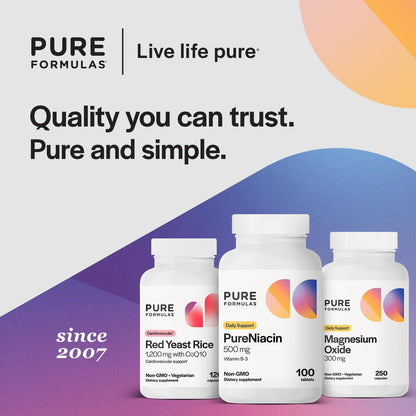 PureFormulas Pure Niacin - Vitamin B3, 500 mg Immediate-Release Niacin - Nicotinic Acid 100 Tablets - Non-GMO