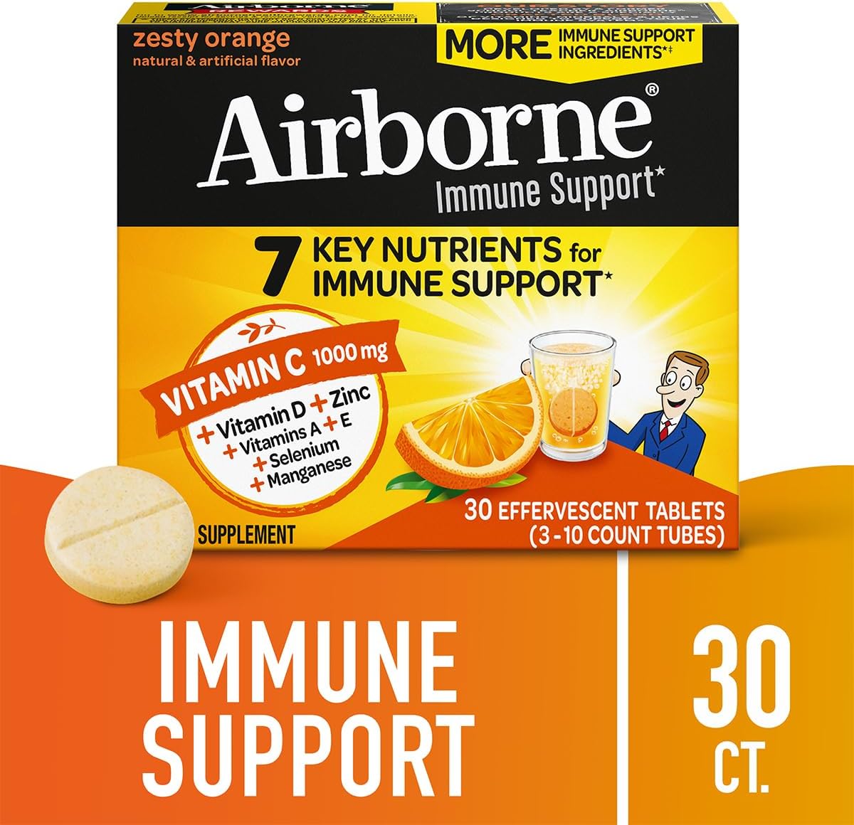 Airborne 1000mg Vitamin C + Zinc Sugar Free Immune Support Effervescent Tablets, Zesty Orange, 30 Tablets (3 Pack) - görsel 2