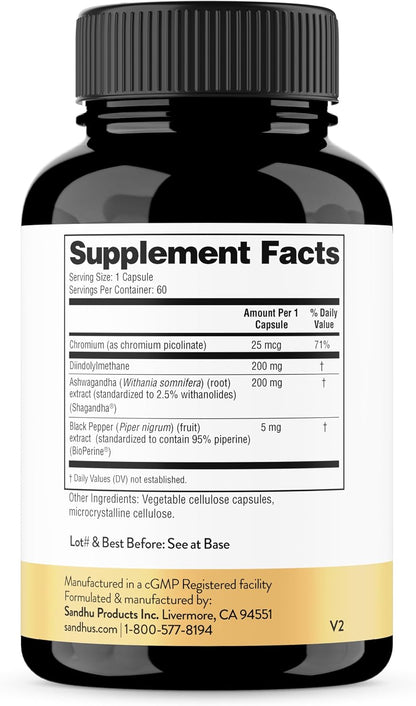 Sandhu's DIM Supplement 200 mg with Ashwagandha and BioPerine - 60 Capsules