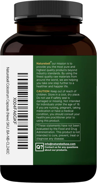 NatureBell Bovine Colostrum Supplement – 1,000mg per Serving, 240 Capsules
