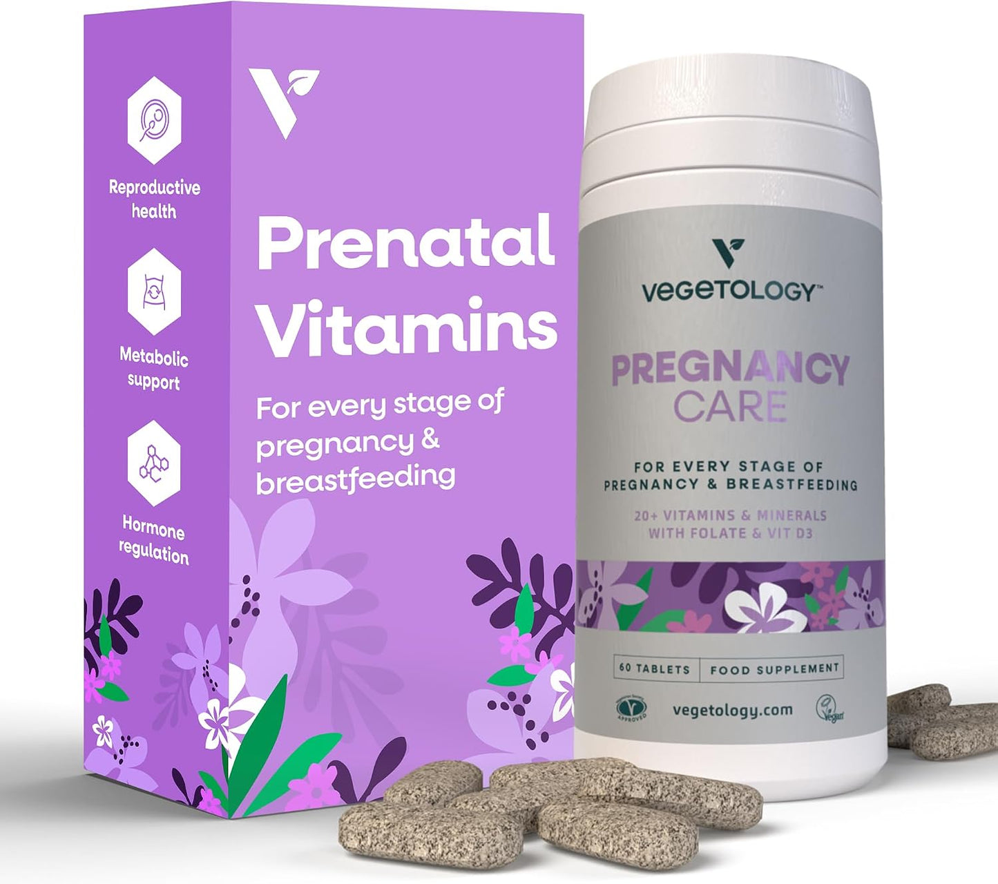 VEGETOLOGY Pregnancy Vitamins for Women – Prenatal Vitamin & Postnatal Vitamins for Breastfeeding Mum with 20+ Vitamins, Folate & More – Vegan Prenatal Vitamins for Every Stage of Pregnancy (60 Tablets) - görsel 1