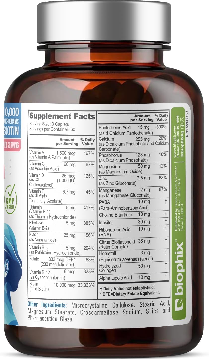 biophix Hair Skin and Nails Complex – 180 Caplets with 10,000 mcg Biotin - görsel 8