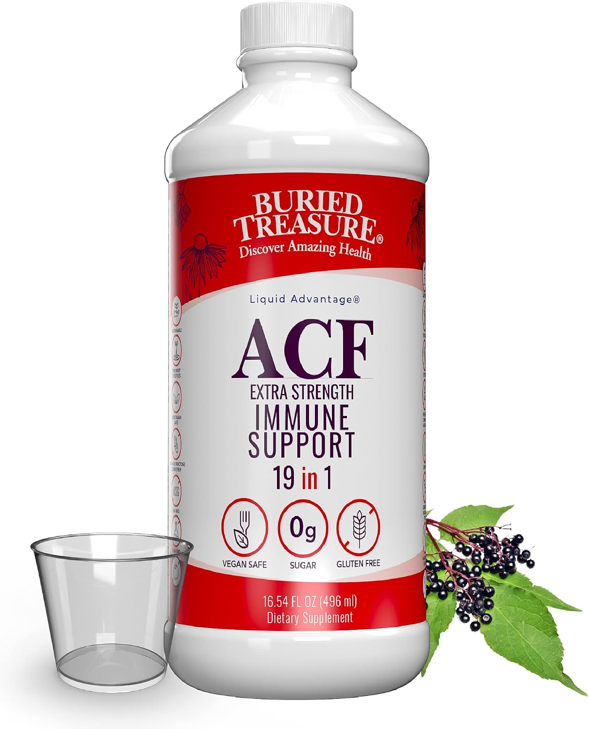 Buried Treasure ACF Extra Strength Liquid Immune Support – 1000mg Vitamin C, Elderberry, Zinc, Echinacea – Four-Day Protocol – 473 ml - görsel 1