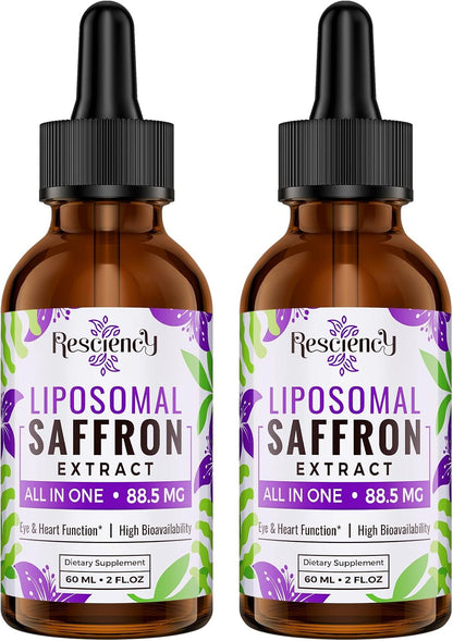 Resciency Liposomal Saffron Supplement Drops 88.5mg – High Bioavailability Liquid Saffron Extract for Mood Support, Energy, Focus & Vision with Ashwagandha, Magnesium, Zinc, B12 & D3, 60 ml