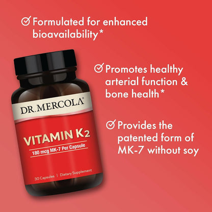 Dr. Mercola Vitamin K2 180 µg (MK-7) – MenaQ7 – Non-GMO, Gluten-free, Dairy-Free – 30 Capsules