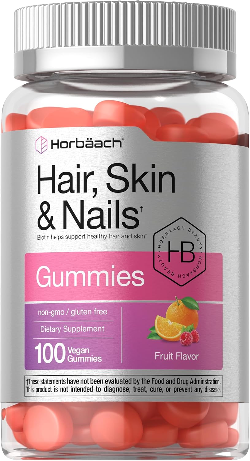 Horbäach Hair Skin and Nails Gummies – 100 Count – with Biotin – Fruit Flavoured Vitamins – Non-GMO, Gluten-free - görsel 1