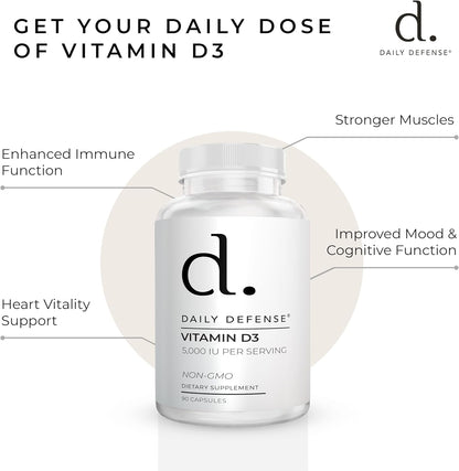 Daily Defence Vitamin D3 5000 IU – 90 Capsules for Immune & Muscle Support