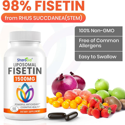 1500mg Fisetin Supplements - Powerful Absorption with Liposomal Delivery, 98% Pure Fisetin, Polyphenol Antioxidant for Healthy Ageing, Non-GM - 2 Bottles, 120 Softgels for Adults