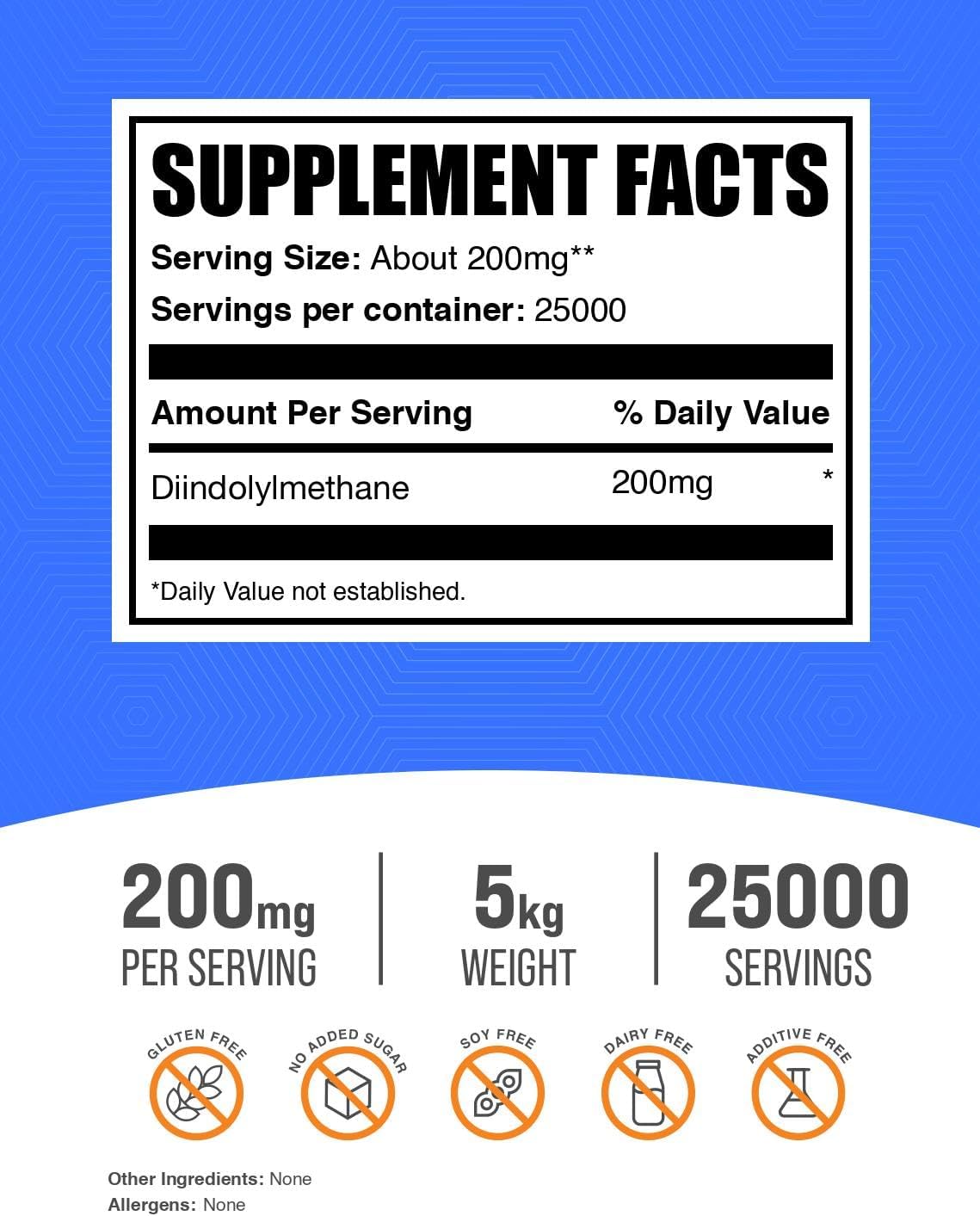 BulkSupplements DIM Powder - Diindolylmethane Supplement, 200mg per Serving, Gluten-free, 5kg (Pack of 5) - görsel 2