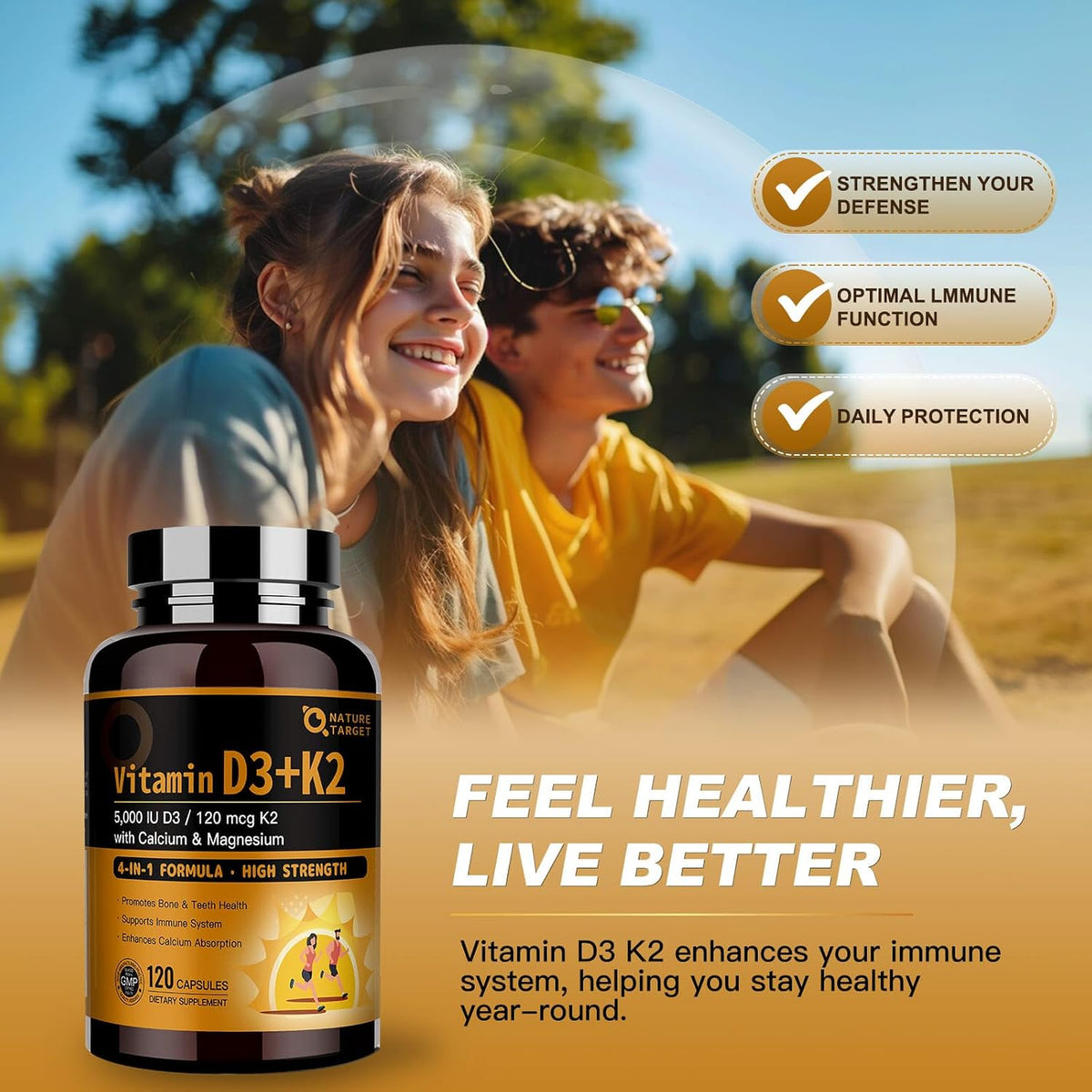NATURE TARGET Vitamin D3 K2 with Calcium & Magnesium - Maximum Strength 4-in-1, 120 Capsules - görsel 5
