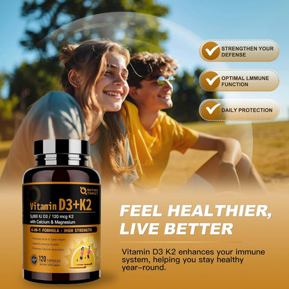 NATURE TARGET Vitamin D3 K2 with Calcium & Magnesium - Maximum Strength 4-in-1, 120 Capsules