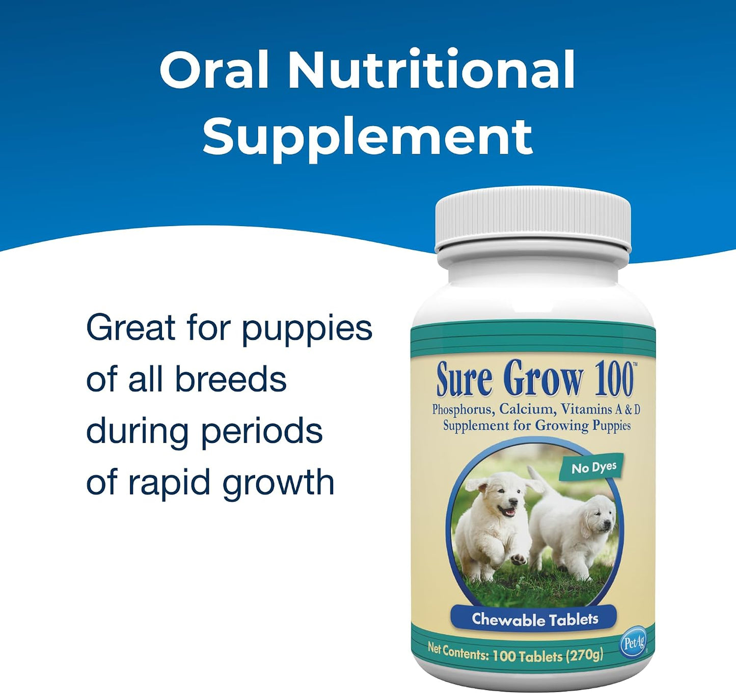 PetAg Sure Grow 100 - Promotes Optimal Bone Development in Puppies Eight Weeks and Older - with Calcium, Phosphorus, and Vitamins A & D - 100 Chewable Tablets - görsel 2
