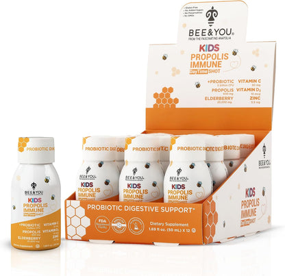Bee & You Kids Propolis Immune Day Time Shot - Probiotic, Vitamin C, Vitamin D3, Zinc - Immune & Gut Health - 50 ml (12 Pack)