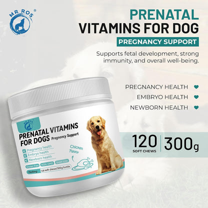 Dog Vitamins and Supplements - Chewable Prenatal Vitamins for Large and Small Breeds - Multivitamin for Health Support and Development - 120 Soft Chews