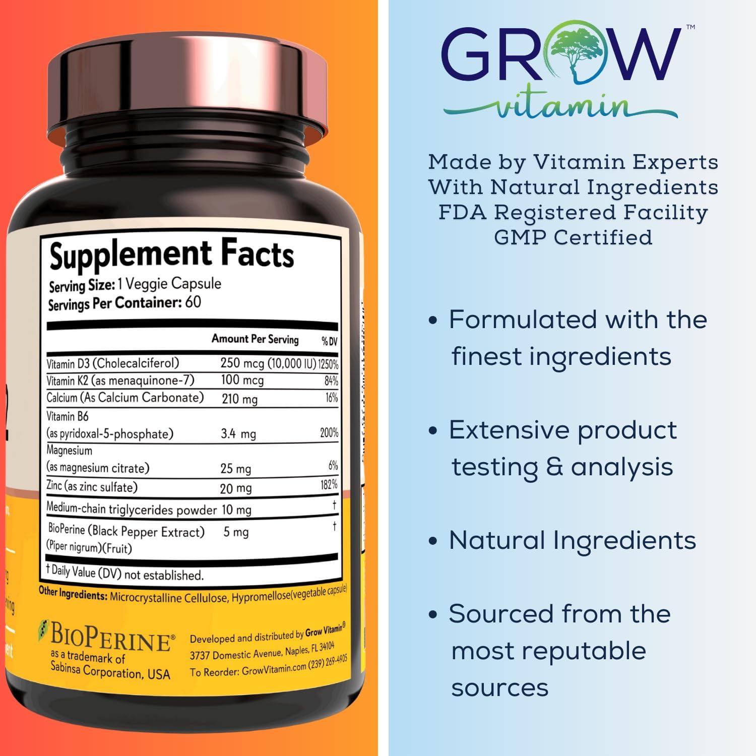 Vitamin D3 K2 with MCT Oil - 10,000 IU D3, 100 mcg K2 MK7, Calcium, Zinc, BioPerine, Magnesium - 60 Capsules - görsel 5