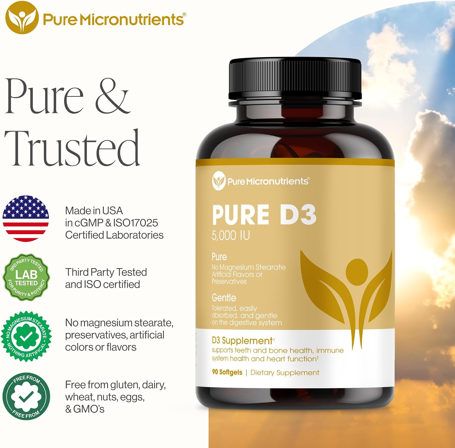 Pure Micronutrients Pure D3 – Vitamin D3 5000 IU, Natural Vitamin D Supplement (Cholecalciferol) – Immune Support, Muscle Function & Bone Health – 90 Mini Softgels - görsel 2