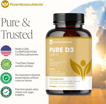 Pure Micronutrients Pure D3 – Vitamin D3 5000 IU, Natural Vitamin D Supplement (Cholecalciferol) – Immune Support, Muscle Function & Bone Health – 90 Mini Softgels