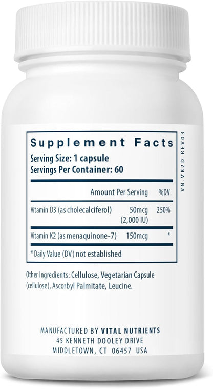 Vital Nutrients Vitamin D3 + K2 – 2000 IU – 60 Capsules