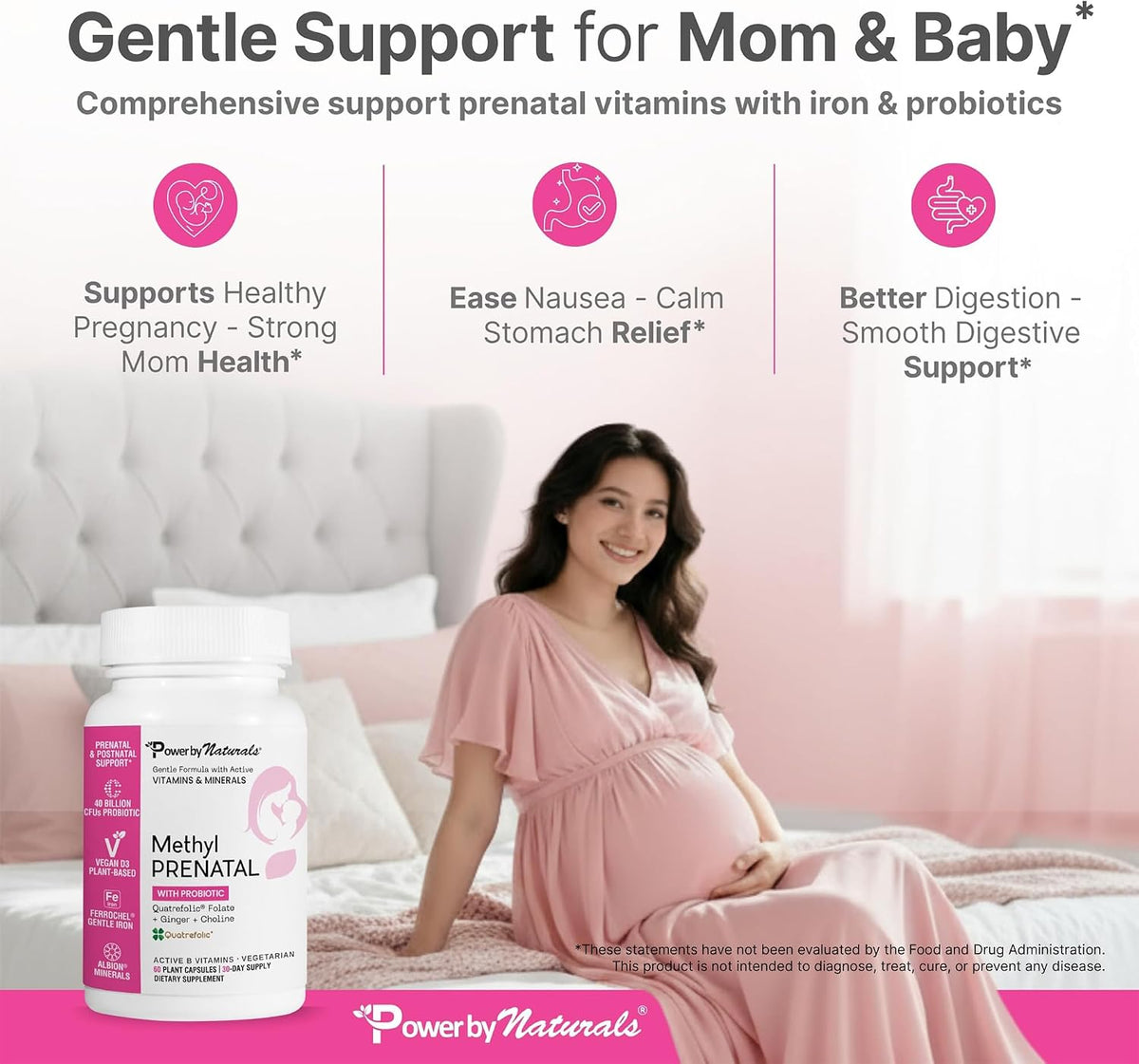 Power By Naturals Methyl Prenatal with Probiotics – Vegan Prenatal Vitamins with Iron, Methyl Folate & B12 – 60 Capsules - görsel 6