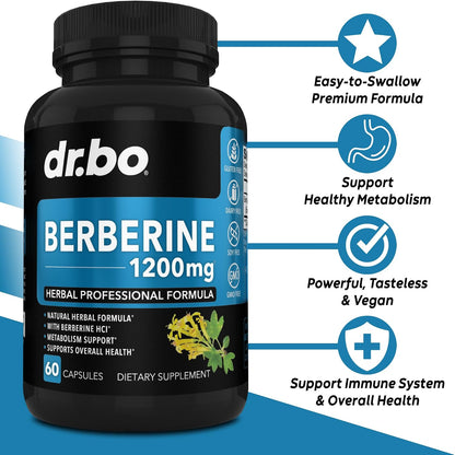 Berberine HCL 1200mg Capsules | Metabolic Support Supplement | DR. BO - 60 Vegan Capsules