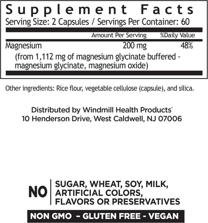 Windmill Magnesium Glycinate 200mg – High Absorption Buffered Formula – 120 Capsules – Non-GM, Gluten-free, Vegan