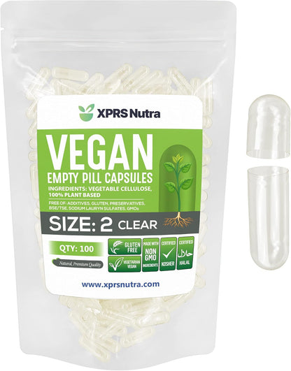 XPRS Nutra Size 2 Empty Capsules – 100 Clear Vegan Capsules for DIY Supplement Filling